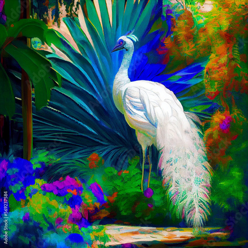 A white luxurious peacock in a fantasy tropical garden, generative ai illustration