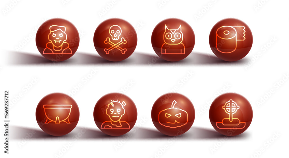 Set line Vampire, Halloween witch cauldron, Toilet paper roll, Pumpkin, Zombie mask, Skull crossbones, Tombstone with and Owl bird icon. Vector