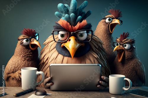 Angry rooster boss and three hens behind a laptop, office work concept Fototapet