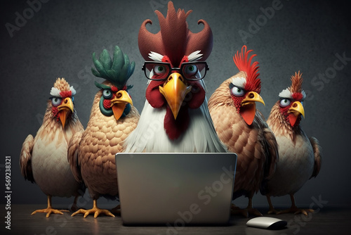 Angry rooster boss and four hens behind a laptop, office work concept. Generative AI