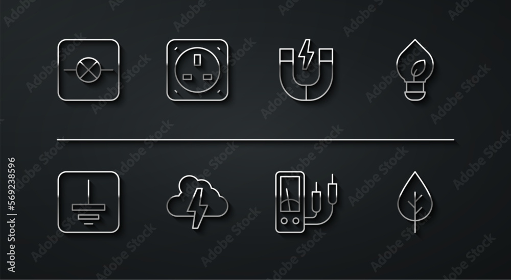 Set line Lamp in electronic circuit, Electrical symbol ground, Light bulb with leaf, Ampere meter, multimeter, Cloud and lightning, outlet, Leaf Eco and Magnet icon. Vector Set line Lamp in electronic circuit, Electrical symbol ground, Light bulb with leaf, Ampere meter, multimeter, Cloud and lightning, outlet, Leaf Eco and Magnet icon. Vector