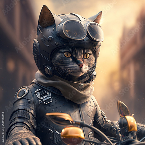 un gatto umanoide sulla moto, con indosso un casco e vestiti di pelle, HD, grandangolo, cinematografia, fotorealismo, compositing epico Unreal Engine, cinematografico, Gradazione del colore, fotografi