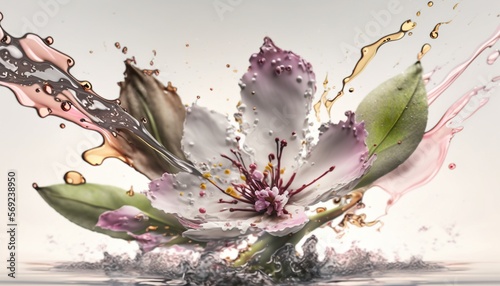  a white flower with pink and green leaves floating in the water with splashes of water on the petals and green leaves on the top of the petals.  generative ai