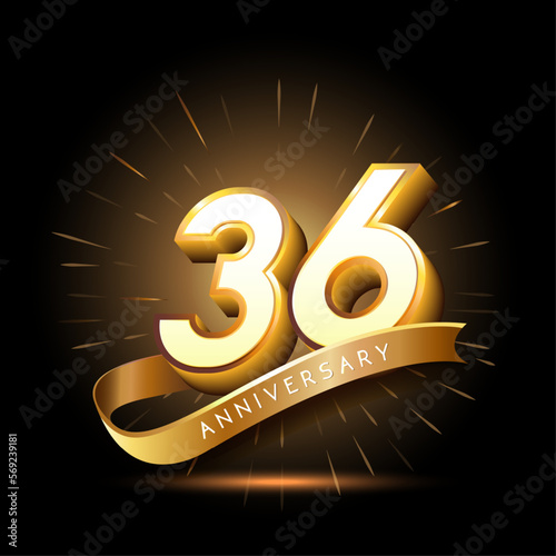 36th anniversary with 3d number and ribbon shiny gold design