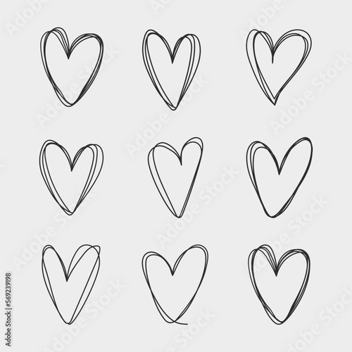 Set of hand drawn hearts. Handdrawn rough marker hearts isolated on white background. Vector illustration for your graphic design