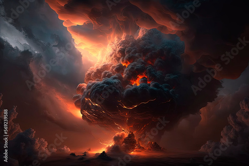 Storm. Eruption. Explosion. Impressive forest fire clouds. Generative AI