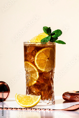 Long Island ice tea cocktail with vodka, rum, tequila, gin, liquor, lemon juice, cola and ice, garnished with lemon slice and mint in highball glass. Beige background, hard light
