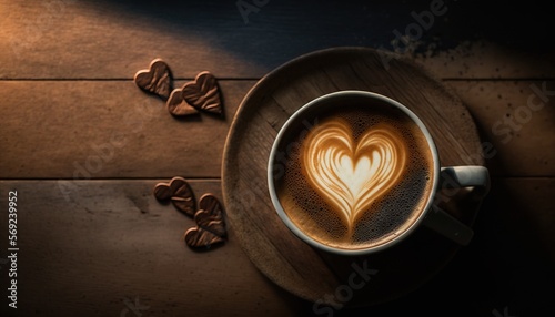 a cup of cappuccino with a heart drawn in it on a wooden table next to hearts shaped chocolates on the table. generative ai