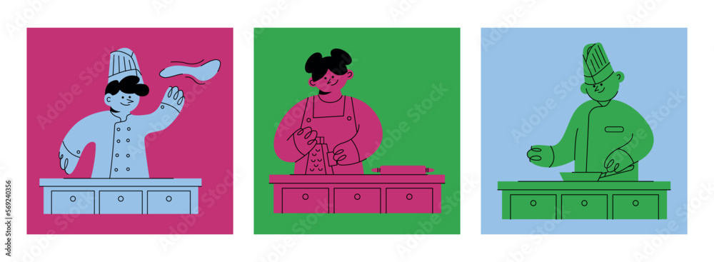 Fototapeta premium People cook food. Cute cartoon character. Hand drawn isolated Vector illustration. Restaurant, professional kitchen, cooking class of local food concept