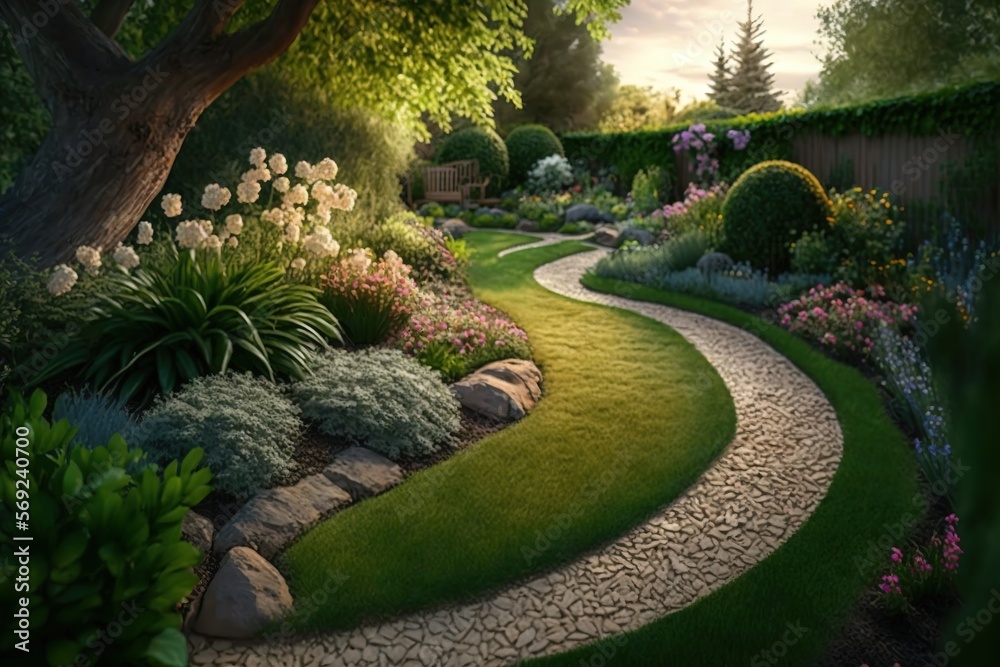 Private garden. edging with elegant flower beds beautiful gravel path