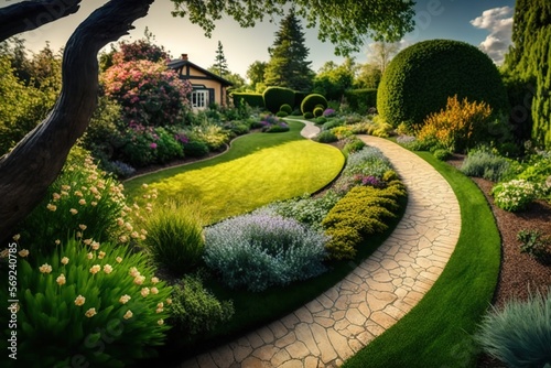 Private garden. edging with elegant flower beds beautiful gravel path. Cotswold Cottage Garden style landscape design. Generative ai photo