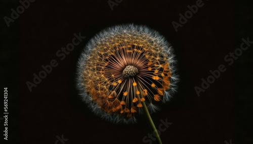  a dandelion flower with lots of seeds on it's head in a dark room with a black background and a black background. generative ai