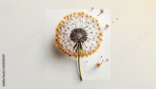  a dandelion flower with seeds on a white surface with a light reflection in the center of the dandelion  with a single flower in the center of the middle of the dandelion.  generative ai