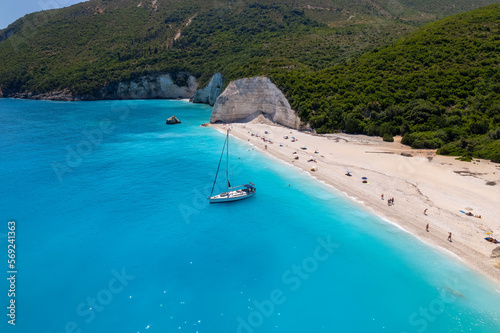 Fototapeta Naklejka Na Ścianę i Meble -  Aerial view of the paradise beach of Fteri in Kefalonia the beautiful  Ionian island of Greece