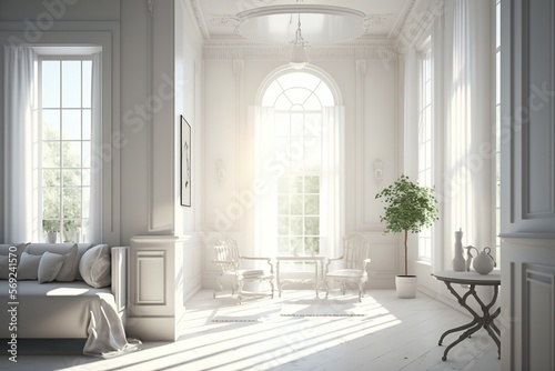 Minimal modern white clean room 3d render. There are white couch  plant pots and big pictures on walls. Large windows looking out to see nature. Generative AI