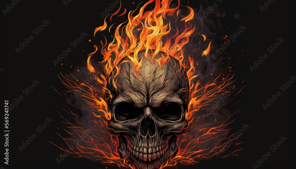 a skull with flames on its head on a black background with a black ...