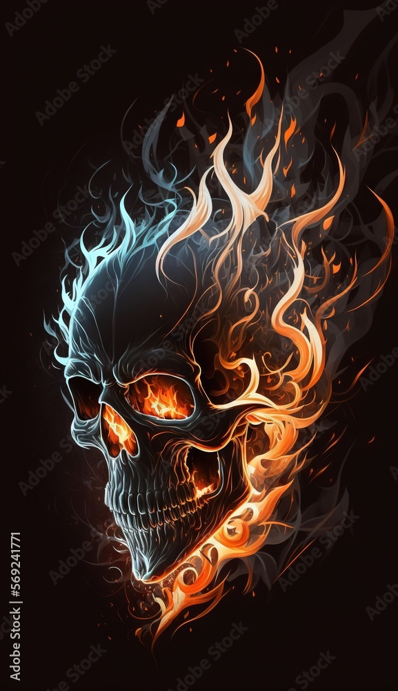 a skull with flames on its head on a black background with a black ...