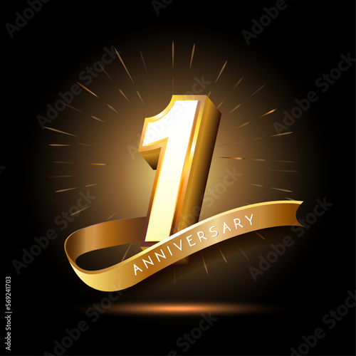 1st anniversary with 3d number and ribbon shiny gold design
