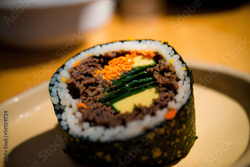 Kimbap up close. Yakiniku is enclosed in a nori roll made in Korea. Generative AI photo