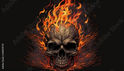  a skull with flames on its head on a black background with a black background and a red flame coming out of its skull's head.  generative ai