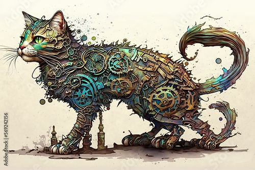 Biomechanical Cat, water color painting , created with Generative AI © Nacci