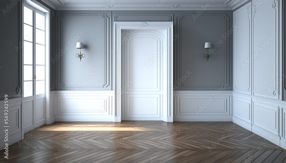 an empty room with a door and a lamp on the side of the room and a window in the middle of the room and a parqueted wood floor. generative ai an empty room with a door and a lamp on the side of the room and a window in the middle of the room and a parqueted wood floor. generative ai
