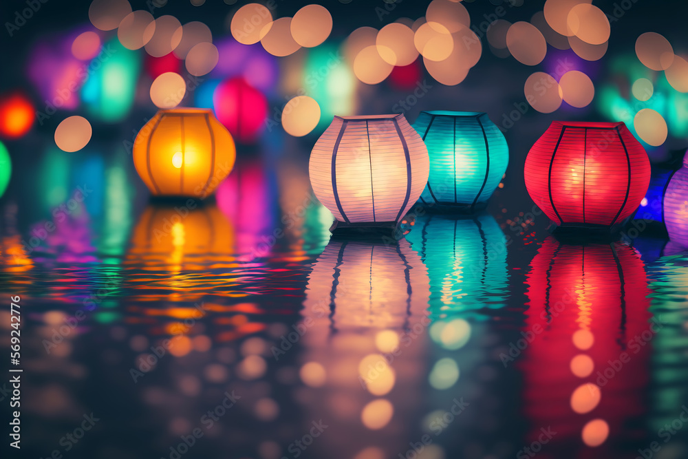 Paper lanterns float on dark water. Traditional Floating Lantern