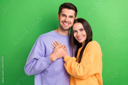 Photo of charming funny wife husband dressed sweatshirts smiling embracing holding hands arms isolated green color background
