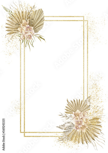 Frame with Dry Palm leaves, orchid Flowers and golden texture. Hand drawn watercolor rectangular template for greeting cards or wedding invitations on isolated background in boho tropical style