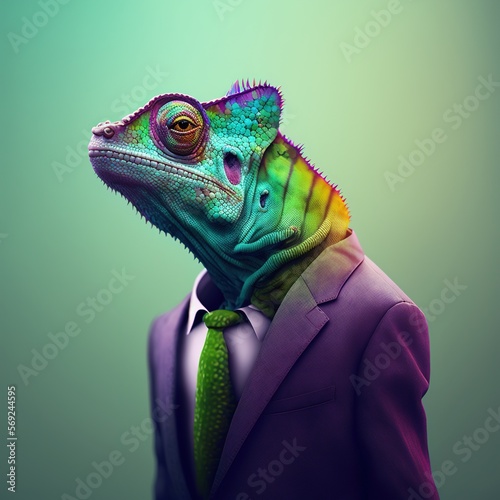 Portrait of chameleon with purple suit and green tie  created using generative ai technology