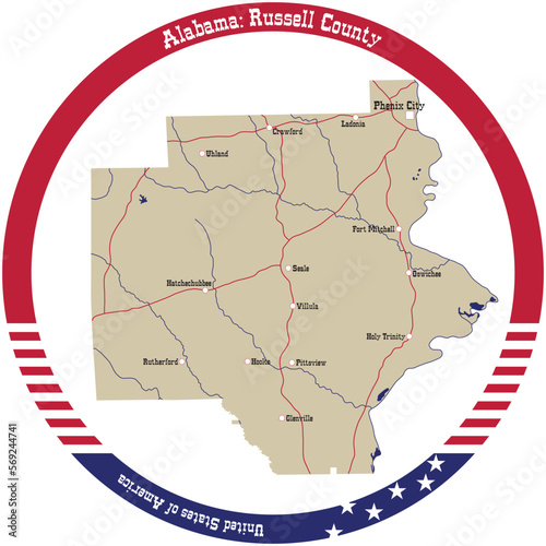 Map of Russell county in Alabama, USA arranged in a circle.