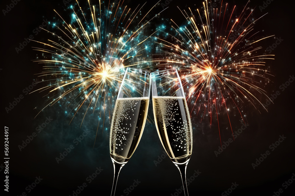 Two tall glasses with champagne clinking and cheering with fireworks in ...