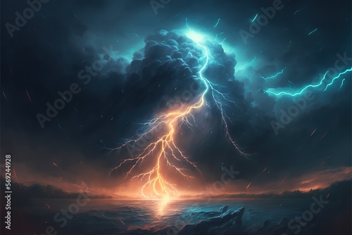 Landscape with storm, sky, clouds, lightning and sea created using generative ai technology