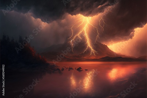 Landscape with storm, sky, clouds, lightning and lake created using generative ai technology