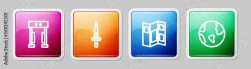 Set line Metal detector, Dagger, Museum guide brochure and Earth globe. Colorful square button. Vector