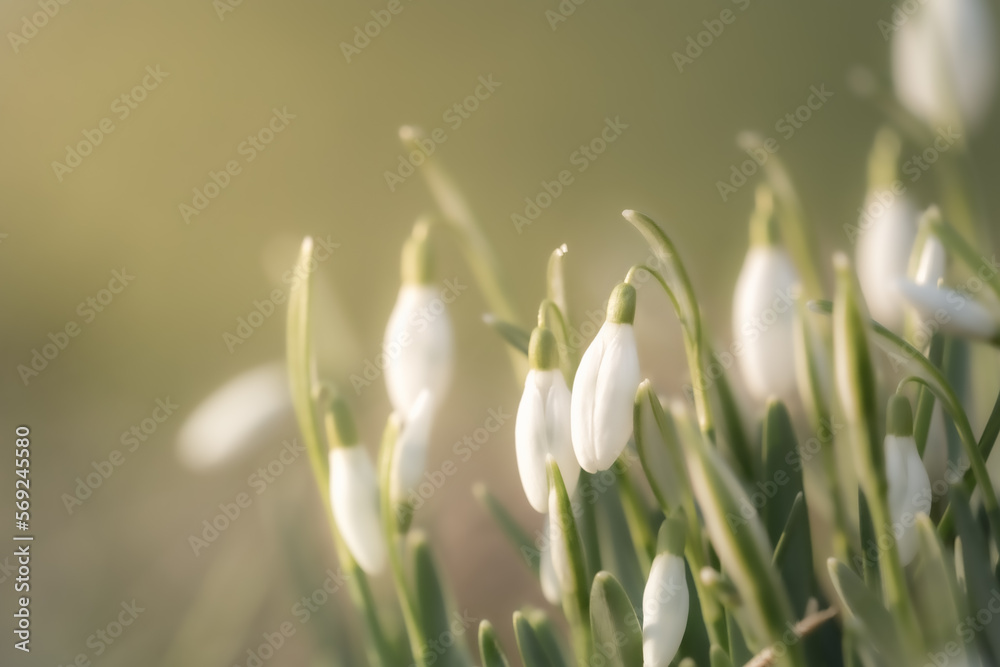 Spring snowdrops (Galanthus nivalis) with fresh floral blooms in the morning sunlight. Floral background with copyspace.