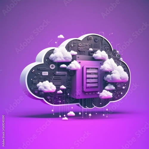 Digital purple cloud with computer circuit board, created using generative ai technology