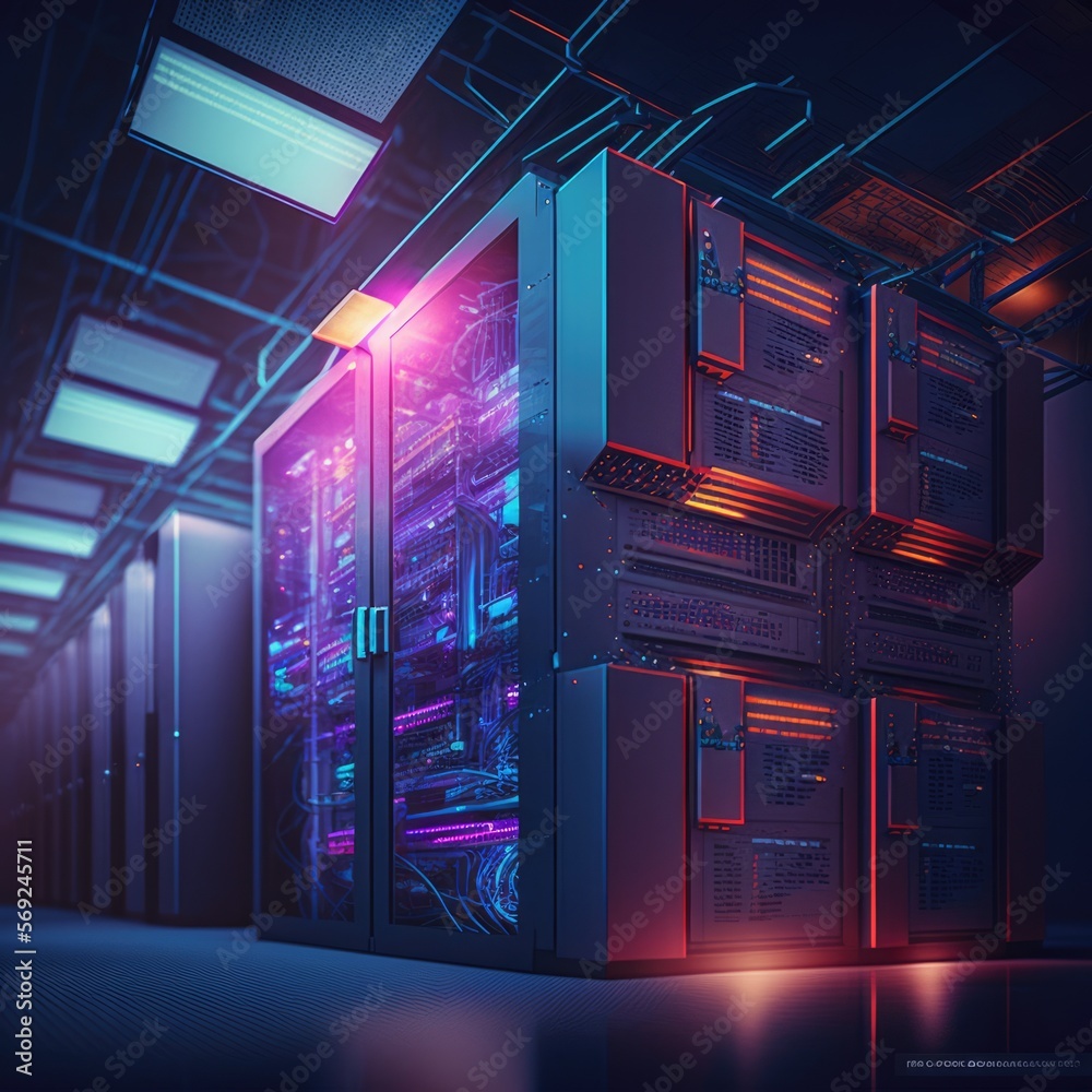Computer servers with glowing lights in server farm, created using generative ai technology Computer servers with glowing lights in server farm, created using generative ai technology