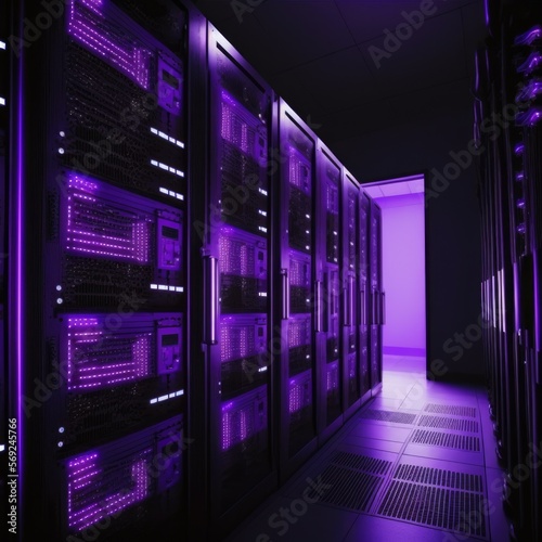 Computer servers with purple lights in server farm, created using generative ai technology
