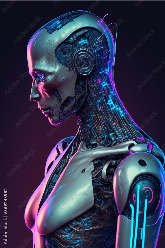 Futuristic cyborg woman with wires and blue eyes created using generative ai technology Futuristic cyborg woman with wires and blue eyes created using generative ai technology