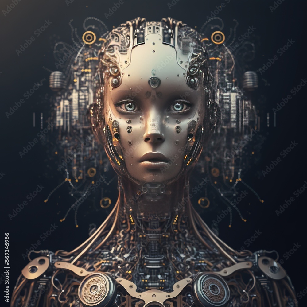 Futuristic cyborg woman with wires and blue eyes created using generative ai technology Futuristic cyborg woman with wires and blue eyes created using generative ai technology