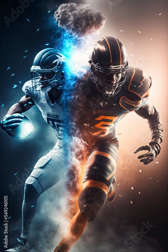 Super bowl poster. Super bowl players versus in space. American football player. Sportsman with ball in helmet on stadium in action. Sport wallpaper. Sport and motivation wallpaper