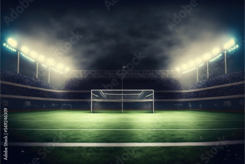 Football stadium with goal, seats and lights created using generative ai technology © Future Vision