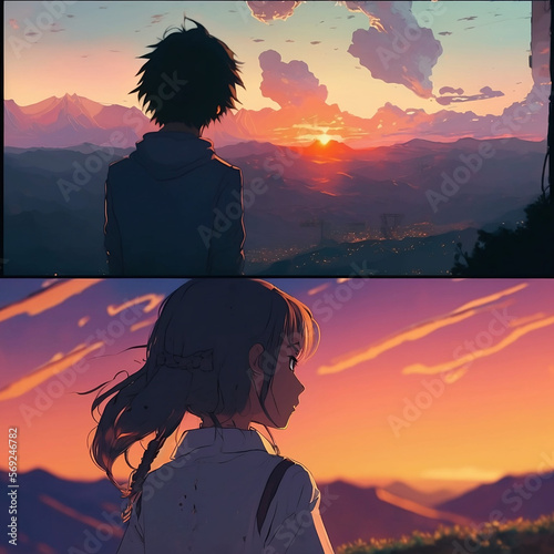 Anime Couple looking at Sunset, Anime Digital Art illustration for background  wallpaper. Generative AI Stock Illustration