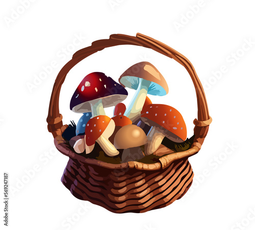 cartoon image of different mushrooms in a basket. Vector illustration