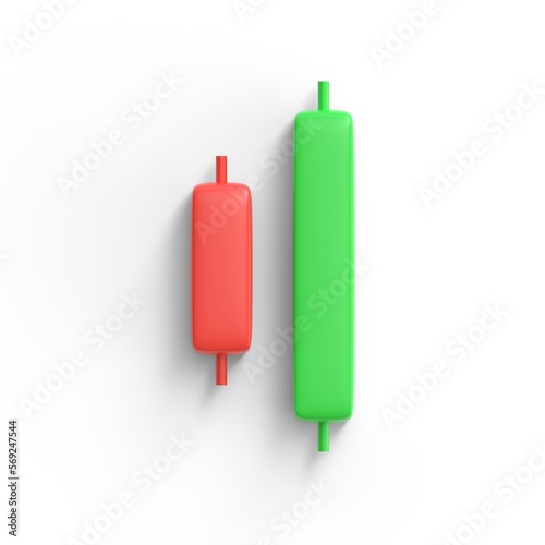 candle stick pattern Bullish engulfing. forex stock or crypto trading. inverse and reversal pattern to bullish or bearish graph. tutorial investment concept. 3d render isolated on white background.