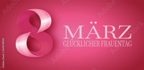 Karte oder Banner zur Feier des Frauentags am 8. März in Weiß auf rosa Hintergrund mit der Nummer 8 in Rosa und Weiß