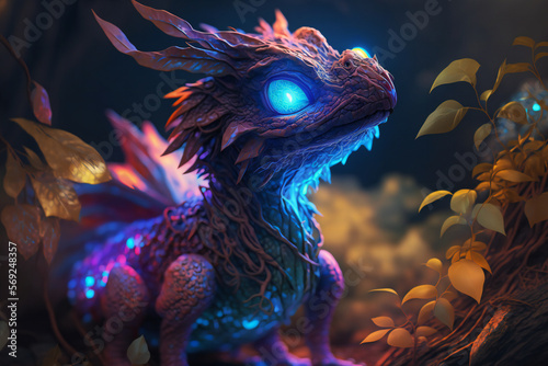 Colored baby Dragon - Mythology creature - fantasy illustration - wyvern - Generative AI