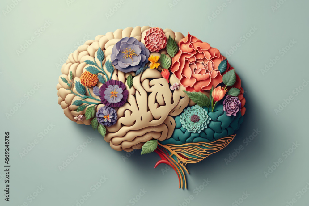 Fototapeta premium Human brain with flowers, self care and mental health concept, positive thinking, creative mind, generative AI