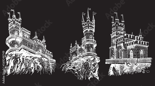 Graphical set of castles in Crimea. Vector iilustration of swallows nest isolated on black